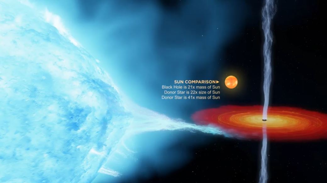 Schaubild mit einem Größenvergleich von Sonne zu einem kleinen schwarzen Loch und dem Monster Cygnus X-1